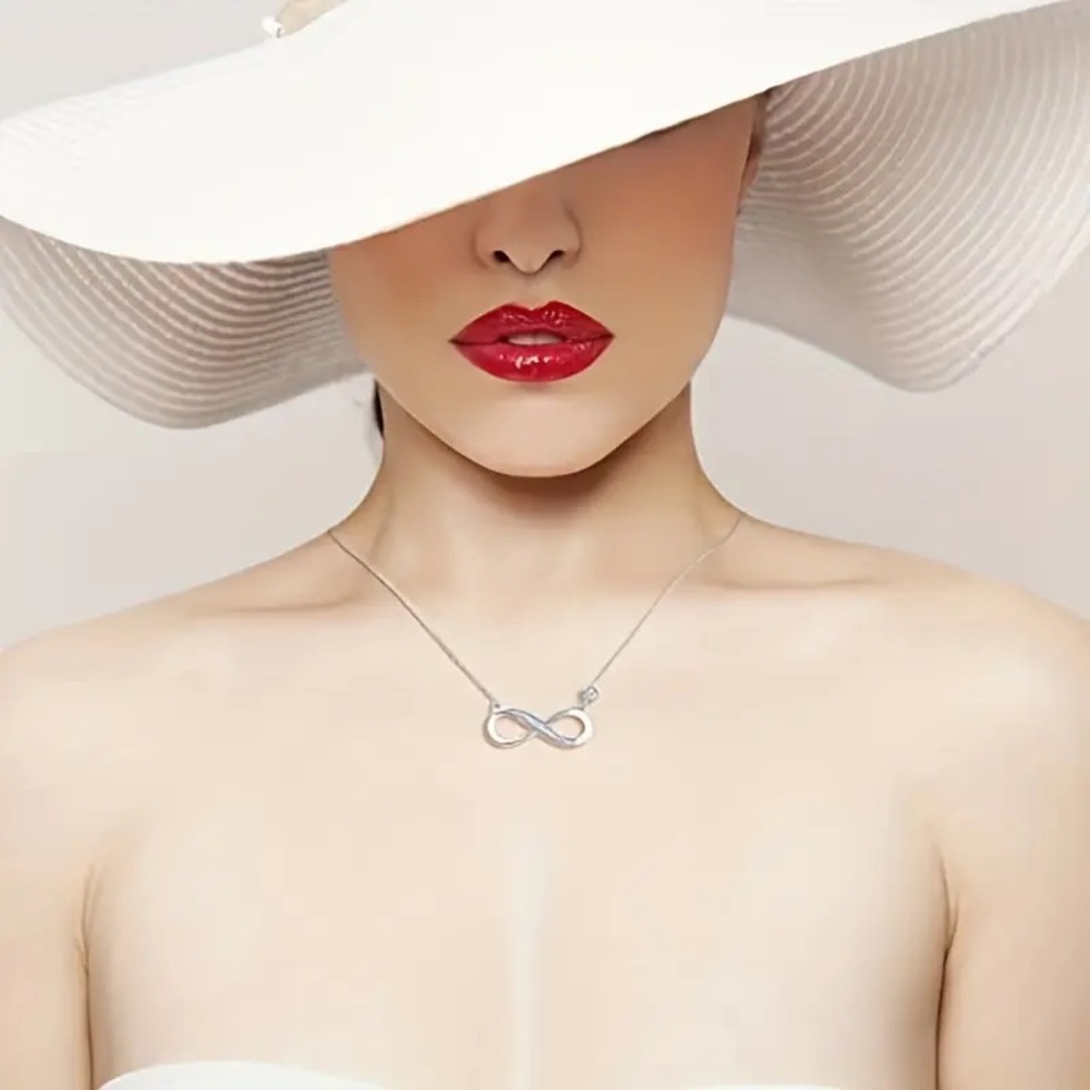 New Sterling Silver White Sapphire Infinity Design Chain Minimalist Necklace - Picture 12 of 14
